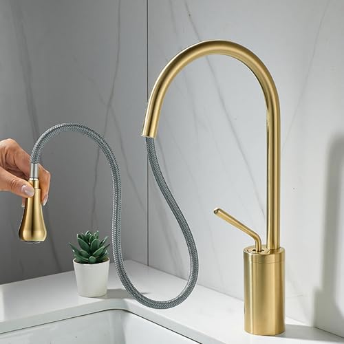 Robinet extractible et pivotant en laiton brossé pour lavabo