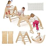 GOPLUS 7 en 1 Triangle Arche Montessori avec Coussin, Arche d'escalade Enfants avec Toboggan Bois,Rampe, Échelle Réglable, Charge 50KG, pour Tout-Petits Bébé 1 Ans+ (7 en 1 + Coussin,Naturel)
