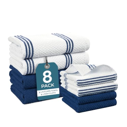 Casa Platino 8PC Cotton Kitchen Towels, 16"x26" - Decorative Blue Towel Set
