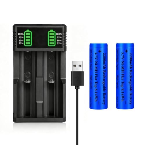 18650 Battery Charger with 2 Pack 3.7V 2200mAh Flat Top Battery Ni-MH, 2 Bay LCD Display Smart Universal USB Battery Chargers for 18650 18500 21700 26650 14500 16340 10440 3.7V Rechargeable Batteries