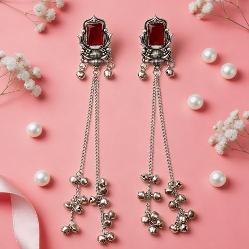 Image of I Jewels Traditional Silver Oxidised Kashmiri Long Dangler Earrings with Ghungroo for Women & Girls Gift