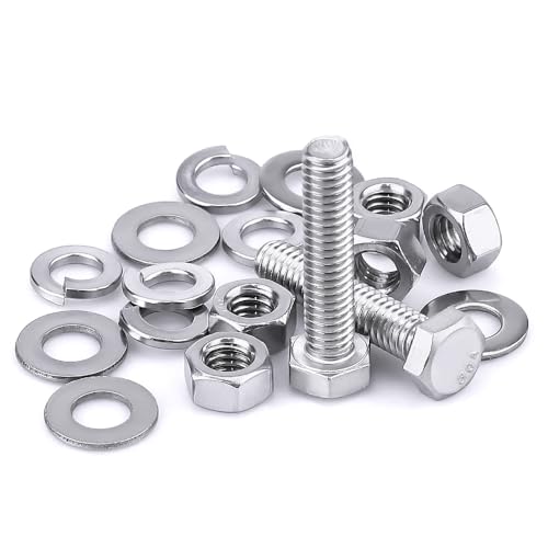 Image of (8 Sets) 3 /8-16 x 1-3 /4 inch Hex Bolt and Nut Kit, 304 Stainless Steel (18-8), Fully Threaded, Flat & Lock Washers Included