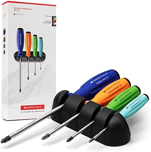 PB Swiss Tools Phillips Screwdriver Set PB 8242.RB | 100% Swiss Made | 4-piece Colored SwissGrip Screwdriver Set Size PH 0/1/2/3, including practical Wall Mount