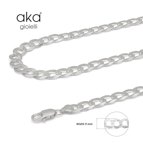 Aka Gioielli - Italian 925 Sterling Silver 9mm Curb Cuban Link Chain - Solid Sterling Silver Necklace for Men and Women - Made in Italy2