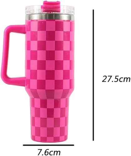 Miniatura 2 de MYHOBBY Vaso de carreras de 40 onzas con asa y pajita, botella de agua de acero inoxidable aislada al vacío con tapa, color rojo rosa