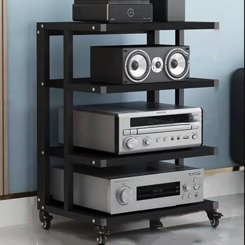 Mueble HiFi negro de 4 niveles y estante abierto para consola y audio