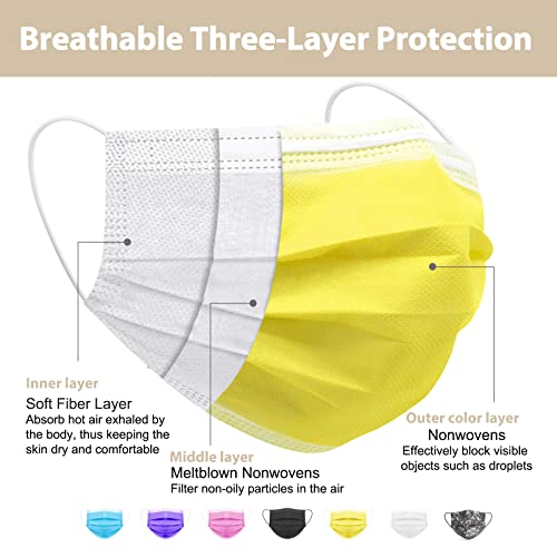 Assacalynn Disposable Face Masks Yellow 50Pcs Pfe≥95% Wider Knitted Earhooks 3 Layer Yellow Masks, Breathable Masks For Men Women Adult #TOP1