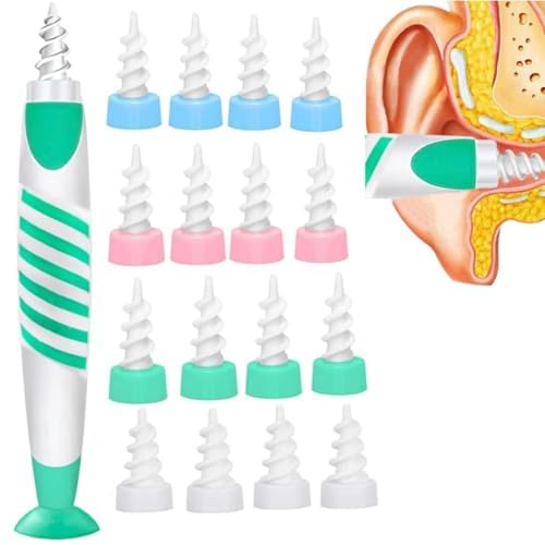 Ohrenschmalz Entferner,Q grips Ohrenreiniger,Upgraded 360 Grad Spirale Silikon Ohrreiniger,Ear Cleaning kit mit 16 Sicheres und Weiches Ersatzköpfen,Ohren Reinigung Kit für Kinder und Erwachsene