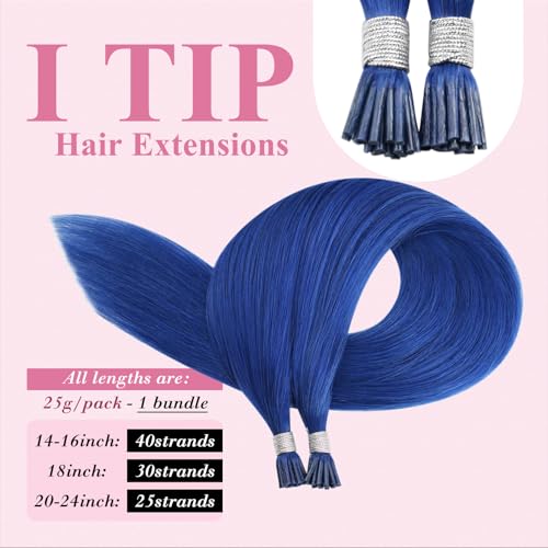 Image of YoungSee Blue I Tip Hair Extensions, 16 Inch Itips Hair Extensions Human Hair, Blue Colorful, Hair Extension I Tip, 40 Strands 25g, Experimenting with Colors