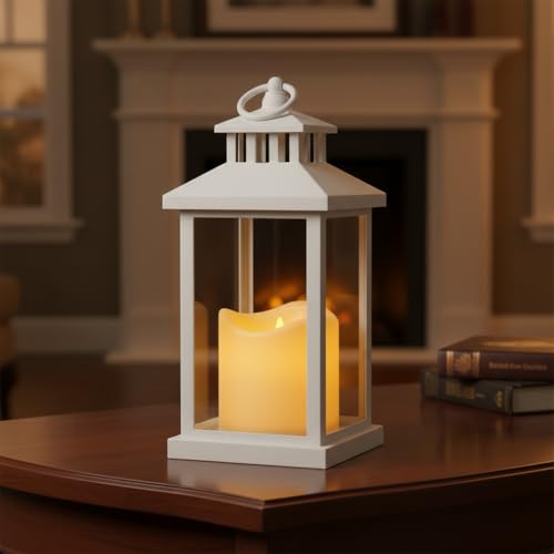 Image of Coku LT-22 Vintage LED Candle Lantern with LED Pillar Candle, Battery Operated Wall Hanging Lamp Decorative Lantern, Flameless Antique Glass Candle Holder for Home Decor, Diwali (White, Pack 1)