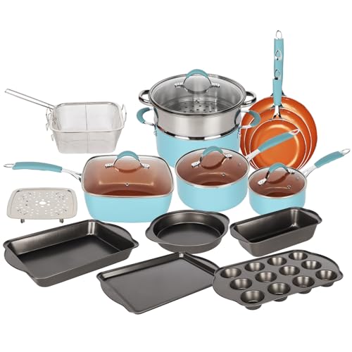 Gr8 Home 19 Piece Induction Cookware Set Non Stick Cooking Pot Frying Pan Steamer Saucepan Kitchenware Bakeware with Lids (Blue and Copper)