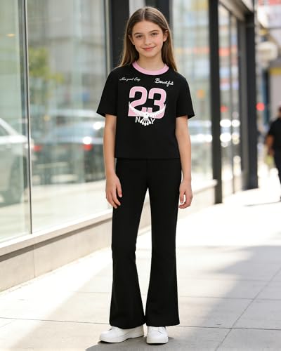 Image of Girls 2 Piece Outfit Colorblock Short Sleeve Graphic Tee & Flared Pants Casual Summer Clothes Set for Age 6-14