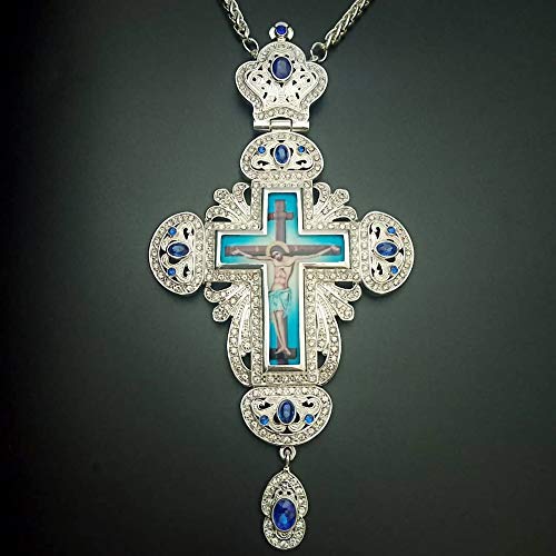 Nazareth Store Silver Plated Pectoral Cross Multi Zircons Crystallized Elements Christian Priest Bishop Large Crucifix Pendant with Necklace 24"3