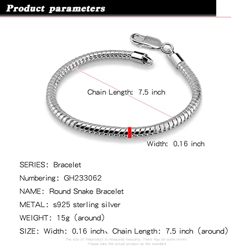 H&Beautimer Genuine 925 Sterling Silver Bracelet Solid 3-4MM Round Snake Chain Bracelet for Men - Glamour Party Jewelry - Sterling Silver Link Bracelet 6.3-6.7-7-7.5-8-8.5-9-9.5''2