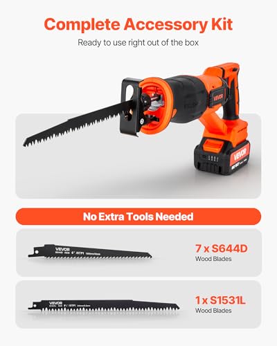 Image of VEVOR 20V Brushless Reciprocating Saw, Cordless Reciprocating Saw with Battery, 3000 SPM Variable Speed, 1 inch Stroke Length Charger, 8 Blades, and Carrying Bag, for Wood, Metal and Plastic Cutting