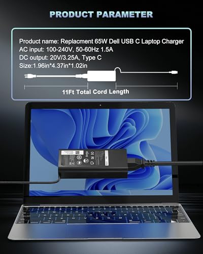 Image of 60W 65W USB-C AC Adapter fits for Dell Laptop Charger USB C, for Dell Pro 13 14 16 Plus /Inspiron 14 16 7620 / Latitude 5420 5520 5540 7420 5550 5450 / XPS 13 / Chromebook Computer Type C Power Cord