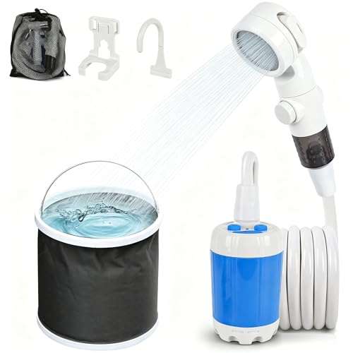 wisebean Portable Camping Shower Outdoor Shower Kit Hose Portable Bag & Folding Bucket Rechargeable Powered Portable Shower for Camping Hiking Beach RV Pet Cleaning & Road Trips