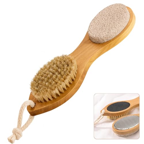 DARNOC Cepillo Espalda Ducha de Madera 4 en 1 - Cepillo Exfoliante Corporal Seco y Húmedo - Cerdas Naturales Rígidas y Suaves Para Espalda y Cuerpo - Limas y Piedra Pómez Para Durezas y Callos