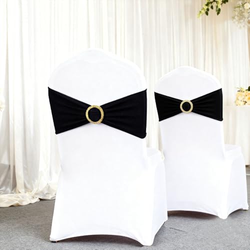 Image of Black Chair Sashes 50 Pack with Gold Buckle Slider, Spandex Sashes for Folding Chairs Wedding Party Banquet Decor