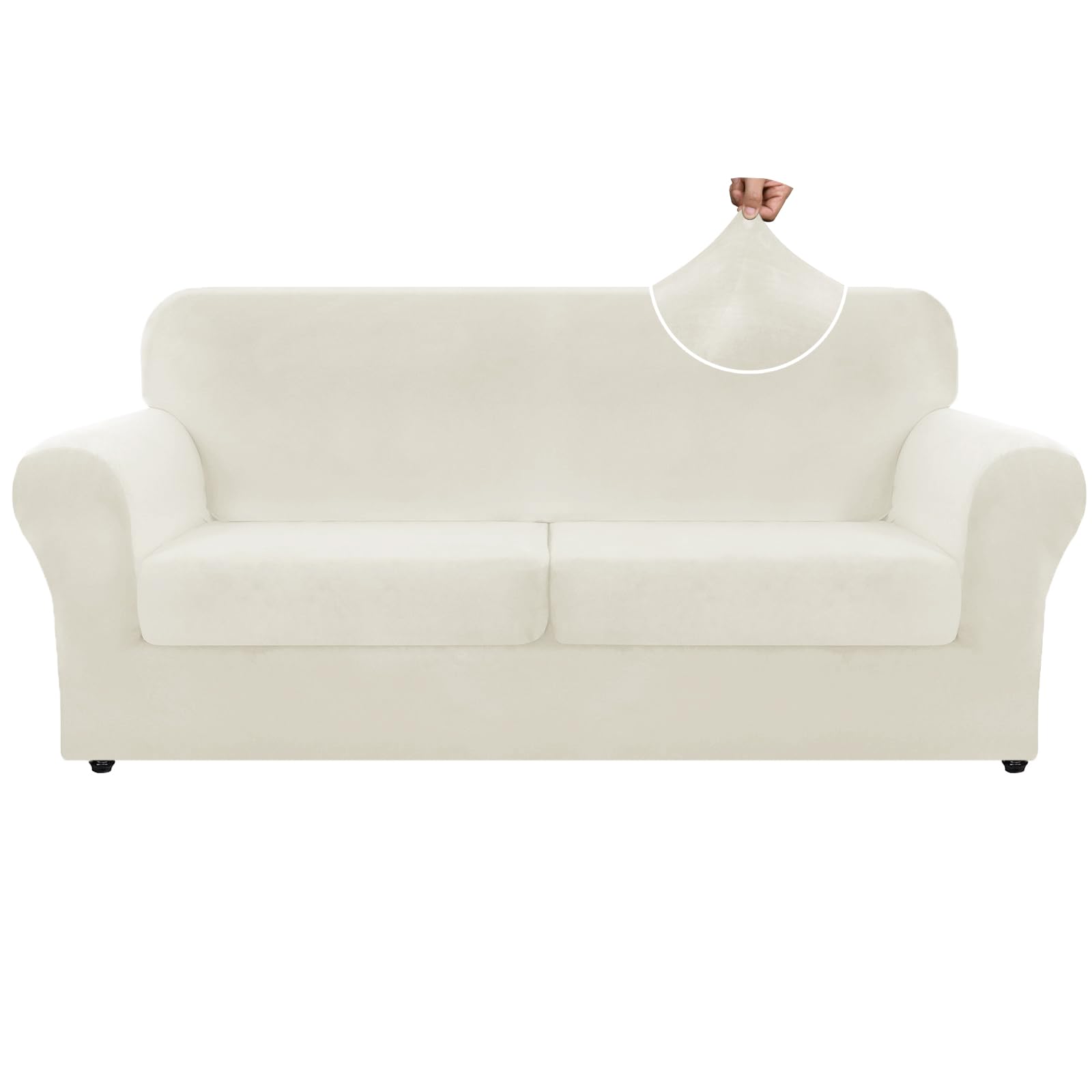 Photo 1 of ZNSAYOTX Oversized Velvet 3 Piece Couch Cover with 2 Extra Large Seat Cushion Covers Stretch Sofa Cover for 2 Cushion Couch Thick Soft Loveseat Sofa Slipcover (Beige),72"-92"(2 Cushions)