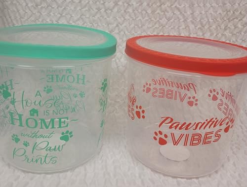 Pet Food Storage Containers with Paw Print Design, Set of 2, Clear with Mint and Red Lids
