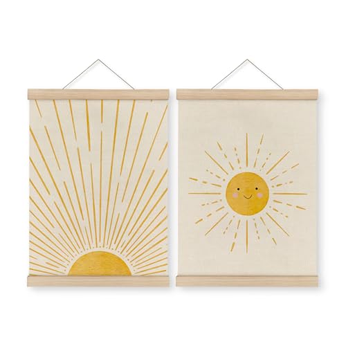 Image of MAQIKA Boho Sunshine Poster Framed With Wood Hanger Set of 2, Sun Nursery Wall Decor, Smiling Sunshine Hanging Art, Bohemian Sunset Canvas for Kids Room 12x16 Inch