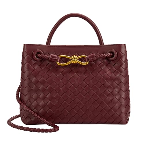 Bolso de mano tejido para mujer, bolso de hombro de cuero, bolso de mano de diseñador con asa superior, Borgoña, Medium Bolso de mano tejido para mujer, bolso de hombro de cuero, bolso de mano de diseñador con asa superior, Borgoña, Medium