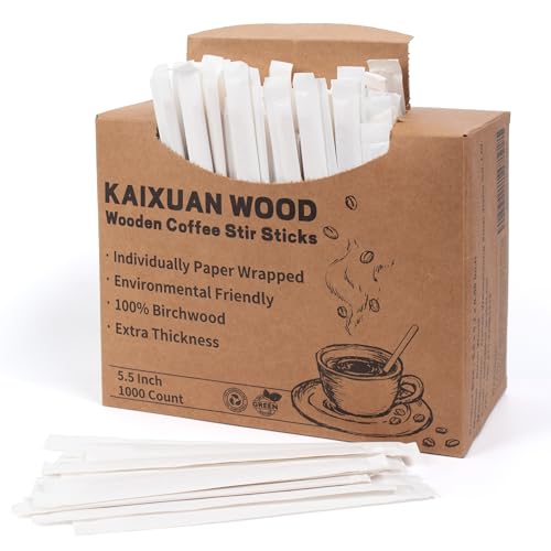 Coffee Stirrers 1000pcs Individually Wrapped Coffee Stirrers Wood - 5.5 Inch Disposable Wooden Stir Sticks for Coffee Cocktail and Hot Drinks