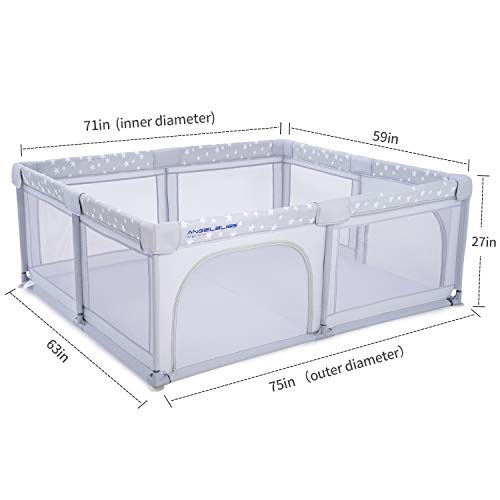 Baby Playpen, Angelbliss Playpen For Babies And Toddlers, Extra Large Play Yard With Gate, Indoor & Outdoor Kids Safety Play Pen Area With 3 Plush Toys, Star Print (Grey, 71"×59") #TOP3