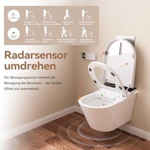 SmartSylva Wand-WC, längliches Wand-WC mit eingebautem Bidet, beheiztem Sitz, Warmwasserspülung, Lufttrockner, automatischer Spülung, Fußsensor-Spülung, automatisch öffnendem und schließendem Deckel
