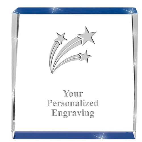 Crown Awards Customizable Crystal Trophy, 3" Engraved Three Stars Blue Spotlight Crystal Award