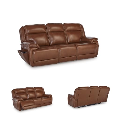 Image of Signature Design by Ashley Healy Pier Power Reclining Sofa, Zero Gravity Recliner with Adjustable Headrest, Leather and Faux Leather Upholstery, Chocolate Brown