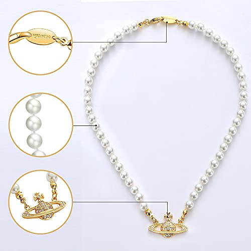 Orjatexin Golden Silver Saturn Pearl Necklace Diamond Pearl Bead Crystal Rhinestone Saturn Planet Necklace For Women And Girls With Special Beautiful Bag Gif Fashion Net Red Trend Choker (Gold Saturn 16 Inch) #TOP3