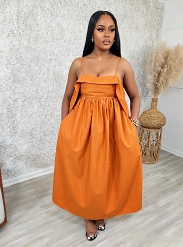 Image of YUEWOO Midi Dresses for Women Casual Summer Sundresses Vacation Outfits Spaghetti Strap Smocked Women Maxi Dress with Pockets