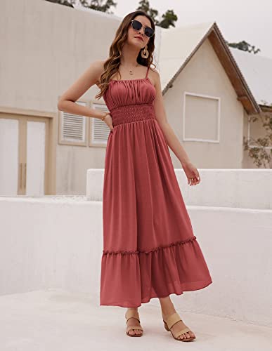Grace Karin Spaghetti Strap Dress For Women Ruffle Long Dresses Sleeveless Boho Smocked Summer Casual Cami Maxi Dress With Pockets Brick Red Xxl #TOP4