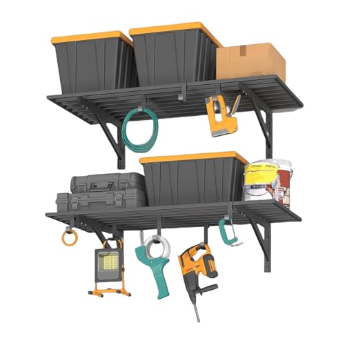 2 Pack Heavy Duty Garage Wall Shelves, 2x4 ft Wall Mount Storage Shelf with Hooks, Shelf Warehouse Organization System, Rack Shelving, Holds 200 LBS E