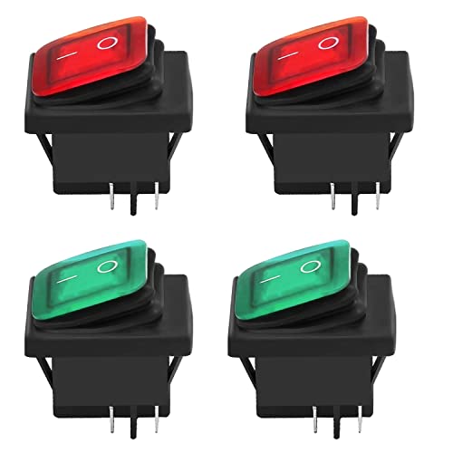 JINXIAN 4 Piezas Interruptores Basculante Interruptor Tipo Barcos Impermeable ON-OFF de 4 Pines 2 Posiciones Terminales Luz Rojo Verde Iluminado 16A/250V 20A/125V CA para Auto Vehiculo Barco Cover