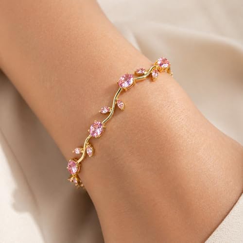 Image of Amaal Bracelets for Women Stylish Gold Plated Tulip American Diamond CZ Stone Bracelet with Leaf Design, Adjustable Link Chain, Anti Tarnish Stainless Steel Jewellery for women Girls Gifts 487