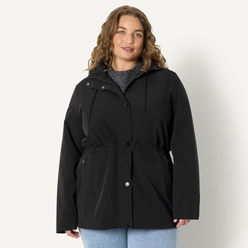 Amazon Essentials Damen Leichte, Wasserdichte, Lange Relaxed-Fit-Regenjacke mit Kapuze, Schwarz, M