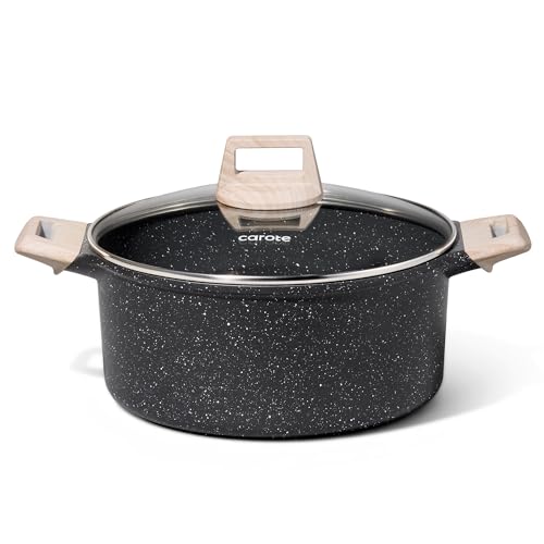 CAROTE Nonstick Stock Pot with Lid 6 Quart Black Granite Casserole