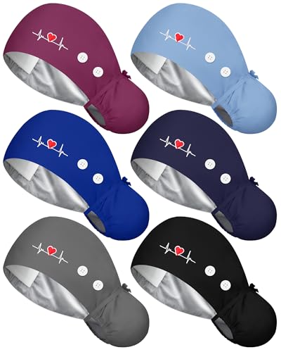 Image of 6 Pc Satin Lined Scrub Caps Women with Buttons Ponytail