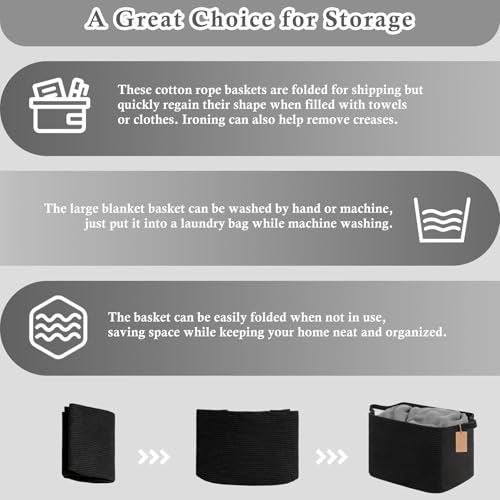 Image of Goodpick 50L Large Woven Rope Storage Basket with Handles, Black | 18 inch x 14 inch x 12 inch Stylish Gift Basket for Living Room & Nursery Organization, Fits Blankets, Toys & Home Essentials Storage