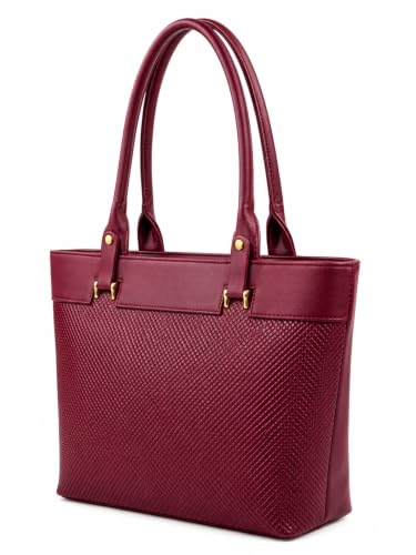 Image of Black Tote Bag with Textured Front and Gold-Tone Hardware (Maroon)