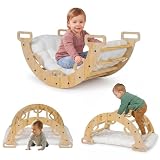 COSTWAY Kletterbogen Holz mit Kissen, Montessori Kletterwippe, Kletterdreieck zum Wippen, Klettern und Krabbeln, Bogenwippe, Regenbogen, Indoor Klettergerüst für Kinder ab 3 Jahre (Natur)