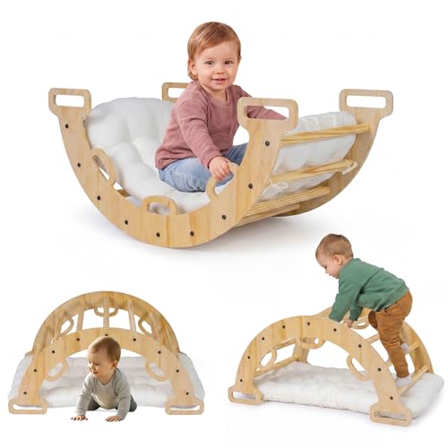 Costzon Wooden Rocking Climbing Arch w/Cushion 3-in-1 Montessori Kids Climber Rocker for Toddlers Playground Climbing Ladder Toy Indoor Gym Learning Playset for Boys Girls Ages 1+ (Wood Color)
