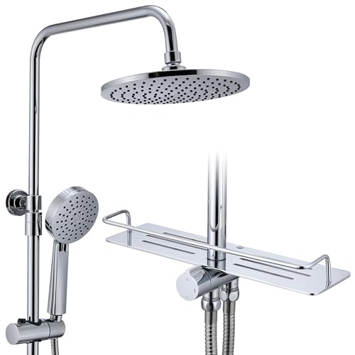HOMELODY Regendusche Duschsystem ohne Armatur mit Ablage, Regendusche mit Edelstahl Duschkopf Rund, Chrom Überkopfbrause Duschstange Duschset Duschsäuleset SUS304