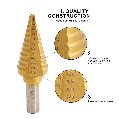 Comoware Step Drill Bit Set & Automatic Center Punch- Unibit, Titanium Coated, Double Cutting Blades, High Speed Steel, Short Length Drill Bits Set Of 5 Pcs, Total 50 Sizes With Aluminum Case #TOP3