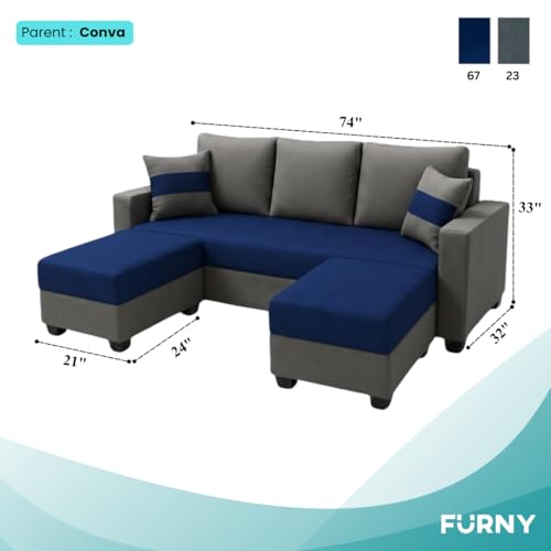Image of FURNY Aura 5 Seater L Shape Sofa Set with 2 Movable Ottoman | Flexible Left or Right Layout | Plush Velvet Fabric (Dark Blue-Dark Grey) | Perfect for Living Room, Guest Room & Office