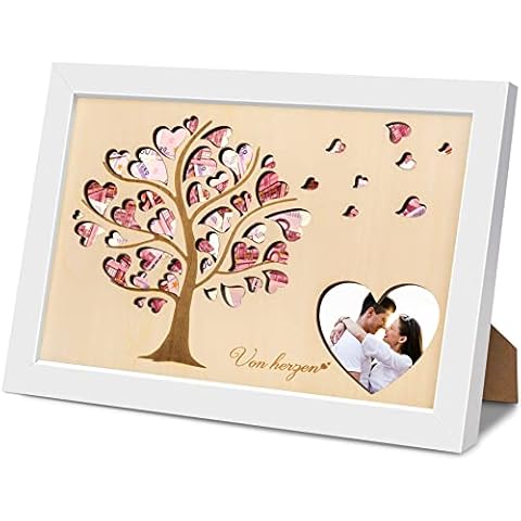 VOBUKE Wedding Money Gift with Tree Shape Picture Frame, Wedding Gifts for Bride and Groom Personalised Real Wood Picture Frame, Creative Money Gifts for Wedding Anniversary Christmas Birthday Cover