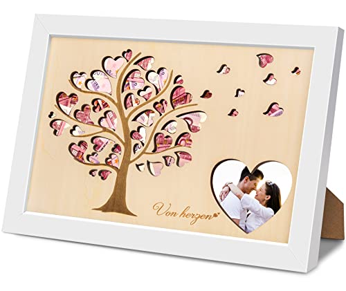 Huchas de Dinero, Regalar Dinero Boda para Los Novios, VOBUKE Personalizada Huchas de Madera con Motivo de Corazón, Creativo Regalo de Boda Dinero Cumpleaños Bautismo Navidad Pascua